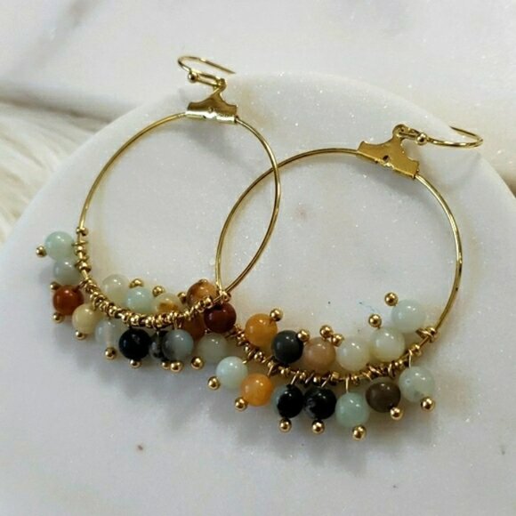 New Natural Stone Gold Earrings Hoops - Picture 4 of 4